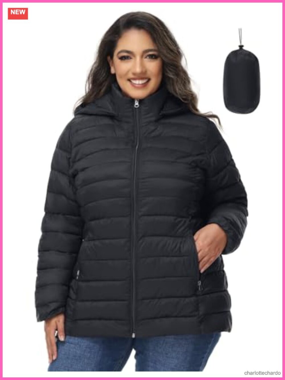 Plus Size Packable Puffer Jacket Lightweight Quilted Winter Coat with Hood